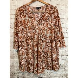 Corvia Top Womens 2X‎ Rust Red Paisley Ultra Stretch Boho Long Sleeve Plus Tunic